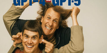 GPT-5 : Humour et IA. Parodie Dumb & Dumber, OpenAI. Illustration conceptuelle de l'évolution de l'IA.