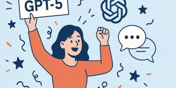 Illustration AI GPT-5/GPT-6. Woman celebrating the future of artificial intelligence. OpenAI logo and speech bubbles.