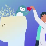AI and well-being: illustration of an open mind with plant, penguin holding a heart, and doctor.