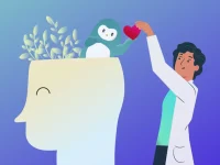 IA et bien-être : illustration d'un esprit ouvert avec plante, pingouin tenant un coeur, et médecin.