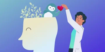 AI and well-being: illustration of an open mind with plant, penguin holding a heart, and doctor.