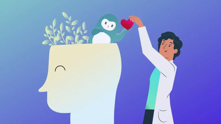 AI and well-being: illustration of an open mind with plant, penguin holding a heart, and doctor.