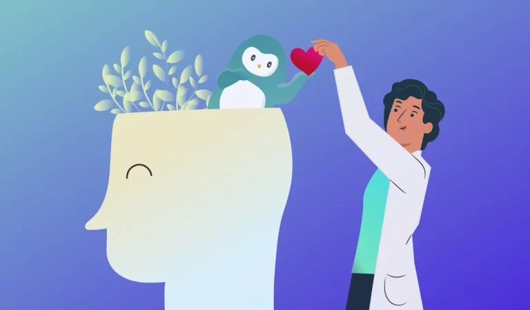 AI and well-being: illustration of an open mind with plant, penguin holding a heart, and doctor.