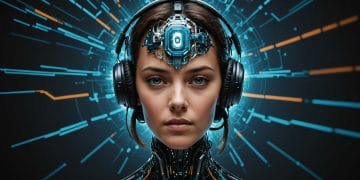 IA et créativité : femme cyborg avec casque. Illustration du potentiel de l'intelligence artificielle.