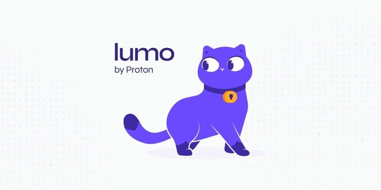 Lumo logo, Proton's AI chatbot. Chatbot with a purple cat and a padlock, guaranteed privacy and ethics.