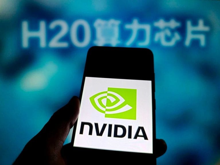 Nvidia logo on smartphone, H20 chip in the background. AI chip crisis in China.