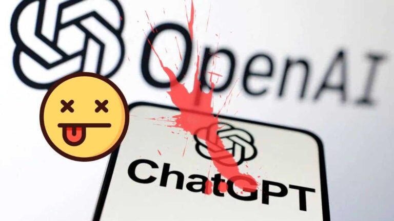 ChatGPT en panne ? Problèmes ChatGPT, solutions. Logo OpenAI, emoji mort, éclaboussure rouge. Résoudre problèmes ChatGPT.