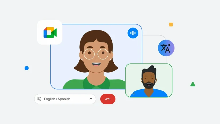 Google Meet : Traduction en temps réel. Illustration d'une visioconférence avec traduction simultanée.