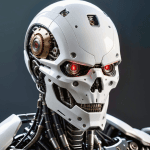 Tête de robot humanoïde futuriste. IA, technologie, cyborg aux yeux rouges.