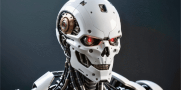 Head of a futuristic humanoid robot. AI, technology, cyborg with red eyes.