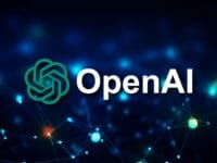 Logo OpenAI sur fond bleu. Intelligence artificielle et réseau de neurones.