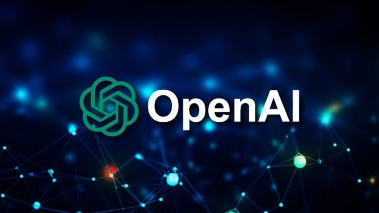 OpenAI logo on blue background. Artificial intelligence and neural networks.