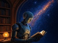 Robot IA lisant un livre devant une fenêtre cosmique. Intelligence artificielle et apprentissage.