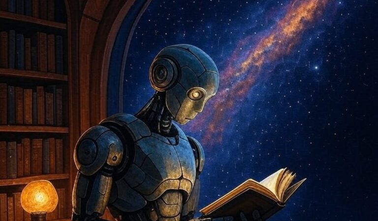 Robot IA lisant un livre devant une fenêtre cosmique. Intelligence artificielle et apprentissage.