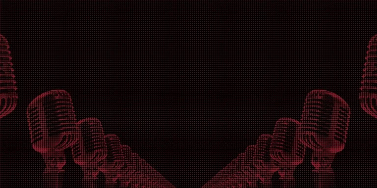 Micros rouges sur fond noir. Podcast, audio, enregistrement.