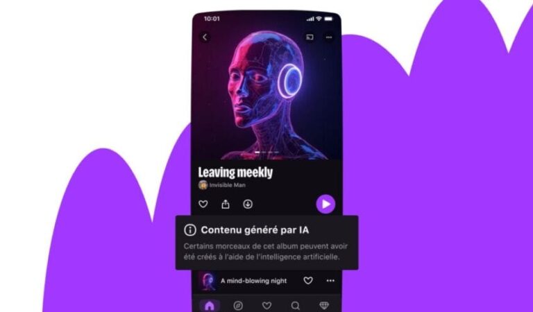 Musique IA : Application streaming avec album Leaving meekly généré par intelligence artificielle. #IA #musique