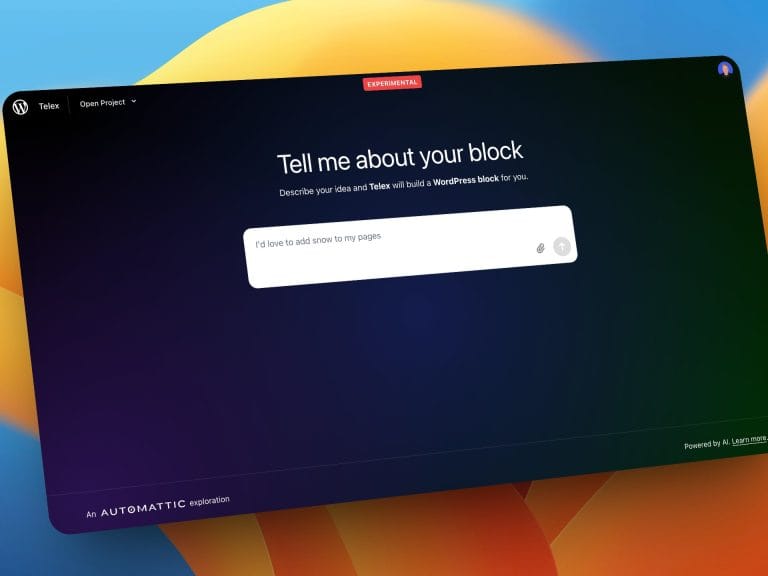Telex WordPress : IA pour créer des blocs. Interface avec champ de texte Décrivez votre idée. Outil expérimental d'Automattic.