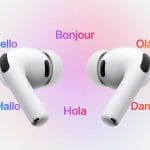 AirPods Pro 3 avec traduction temps réel. Écouteurs sans fil Apple et mots en plusieurs langues.