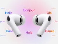 AirPods Pro 3 avec traduction temps réel. Écouteurs sans fil Apple et mots en plusieurs langues.