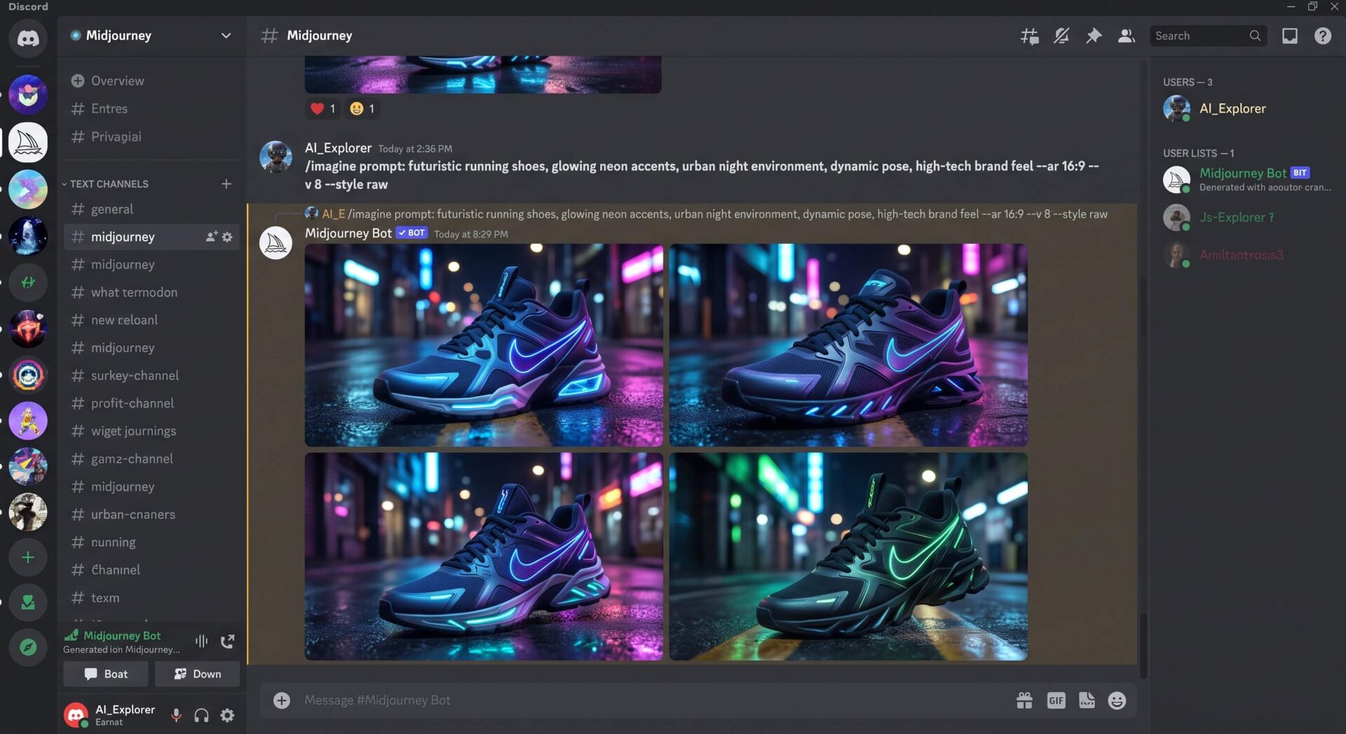 Rendu Midjourney de quatre paires de chaussures de course futuristes avec accents néon, générées via Discord pour un test d'IA.