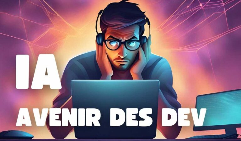 IA et avenir des développeurs web. Illustration d'un développeur web inquiet face à l'intelligence artificielle.