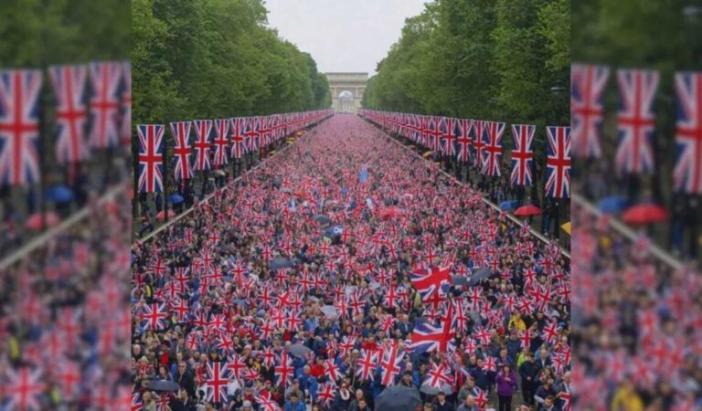 Crowd with British flags in London. Political demonstration near the Arc de Triomphe.