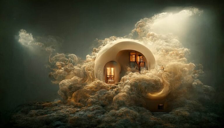 Maison onirique en forme de dôme, éclairée de l'intérieur, entourée de nuages dorés et sombres. Une création Midjourney IA.