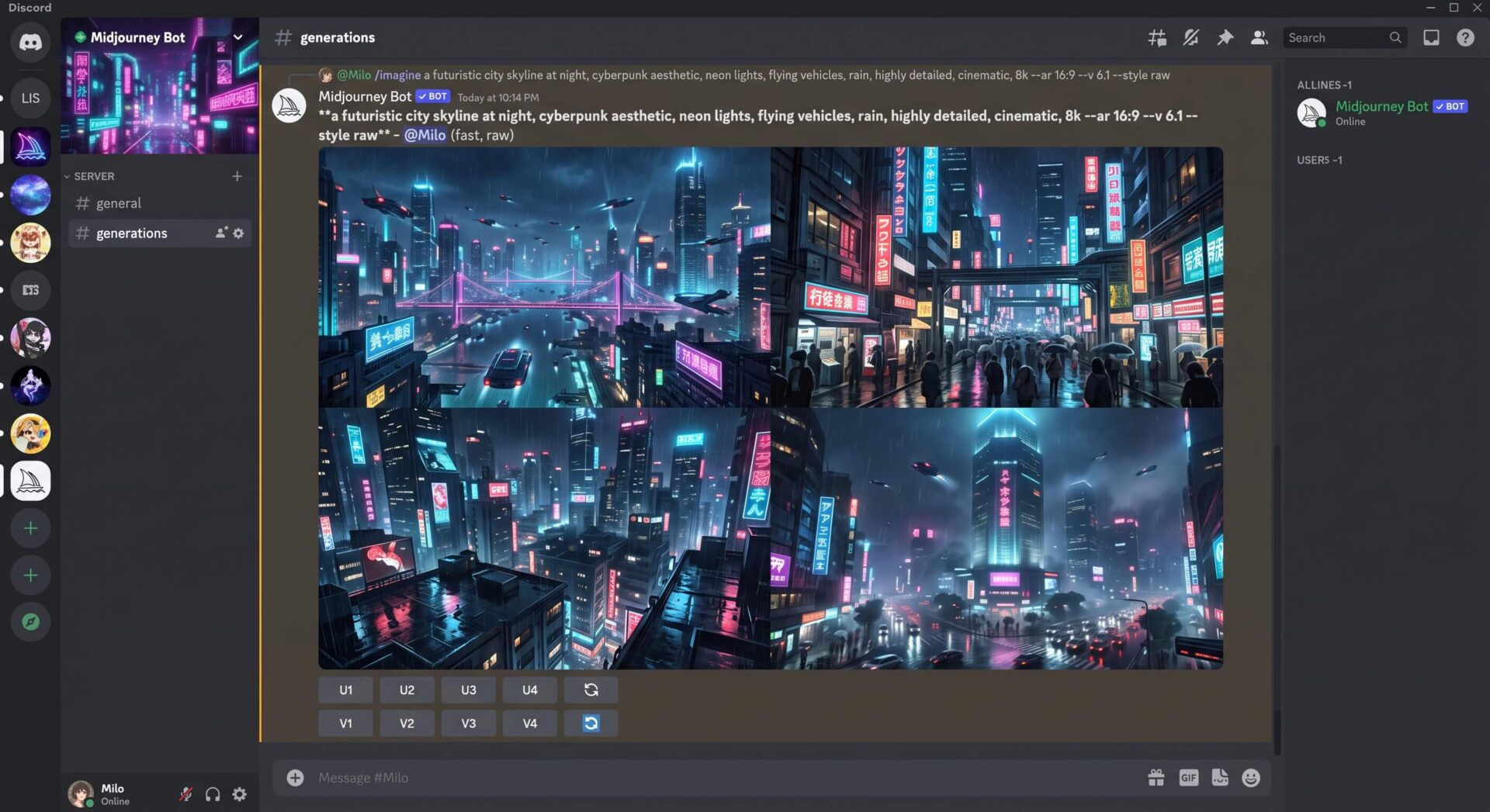 Interface Midjourney sur Discord, affichant quatre variations d'une ville cyberpunk futuriste, néons, véhicules volants, pluie.