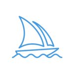 Blue Midjourney logo. Stylized sailboat icon on water.