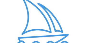 Logo Midjourney bleu. Icône de voilier stylisé sur l'eau.