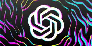 OpenAI logo on black background with colored motifs. DALL-E 3.