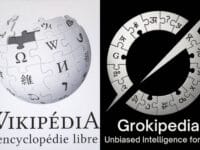 Logos Wikipédia et Grokipedia, encyclopédies IA. Comparaison visuelle des plateformes.