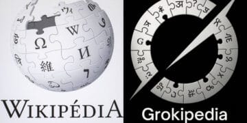 Logos Wikipédia et Grokipedia, encyclopédies IA. Comparaison visuelle des plateformes.