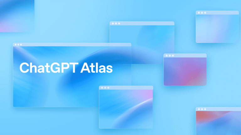 Interface ChatGPT Atlas. Navigateur IA avec fenêtres bleues et dégradés.
