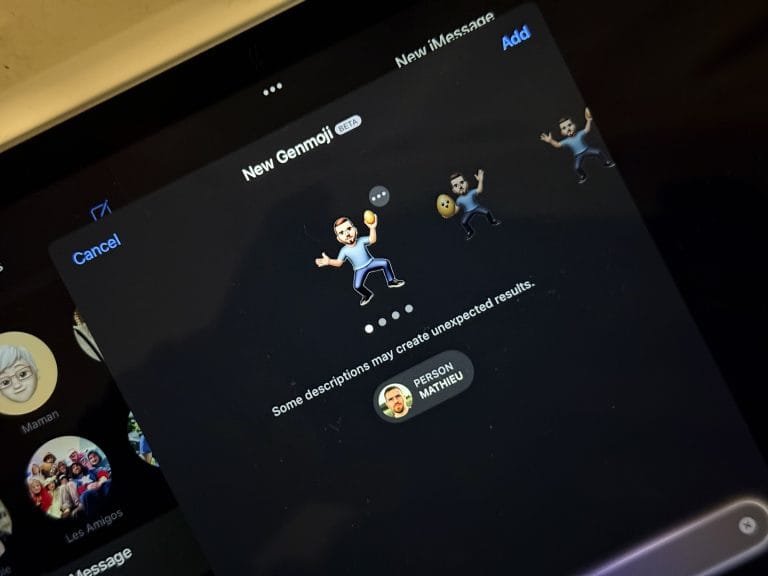 Création de Genmoji sur iPhone. Interface Apple Intelligence avec emojis personnalisés. #Genmoji #AppleIntelligence