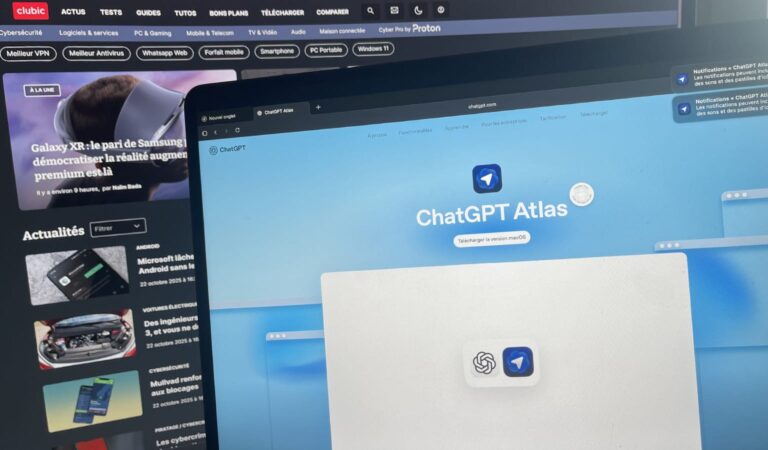 ChatGPT Atlas, le navigateur d'OpenAI sur un écran d'ordinateur portable. Télécharger ChatGPT pour macOS.