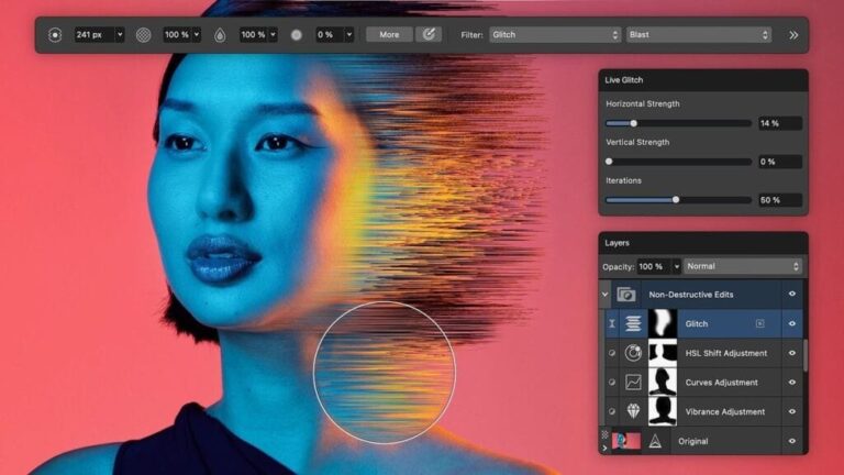 Affinity Photo : femme avec effet glitch. Logiciel de retouche photo et design graphique.