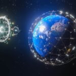 Data center spatial. Terre entourée de satellites, station spatiale. Concept Starcloud et IA dans l'espace.