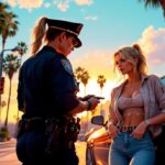 Art IA style GTA. Femme arrêtée par une policière. Palmiers et coucher de soleil.