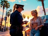 Art IA style GTA. Femme arrêtée par une policière. Palmiers et coucher de soleil.