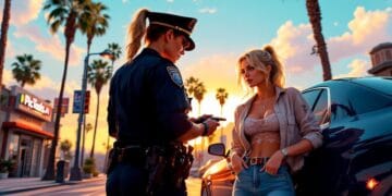 Art IA style GTA. Femme arrêtée par une policière. Palmiers et coucher de soleil.