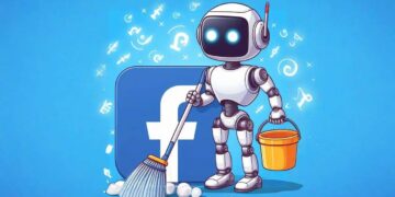 Robot IA nettoie logo Facebook. Grand ménage Meta, stratégie IA risquée.