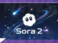 OpenAI Sora 2 : IA de génération vidéo. Logo nuage blanc sur fond spatial bleu nuit avec étoiles et comètes.