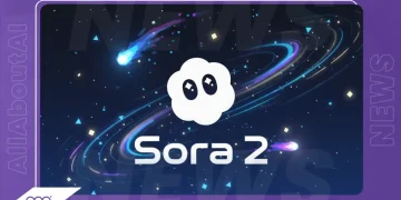 OpenAI Sora 2 : IA de génération vidéo. Logo nuage blanc sur fond spatial bleu nuit avec étoiles et comètes.