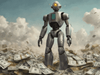 Robot IA sur montagne de dollars. Profits Amazon et intelligence artificielle.