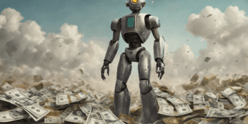 Robot IA sur montagne de dollars. Profits Amazon et intelligence artificielle.