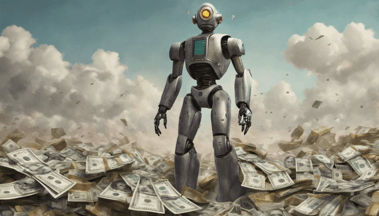 Robot IA sur montagne de dollars. Profits Amazon et intelligence artificielle.