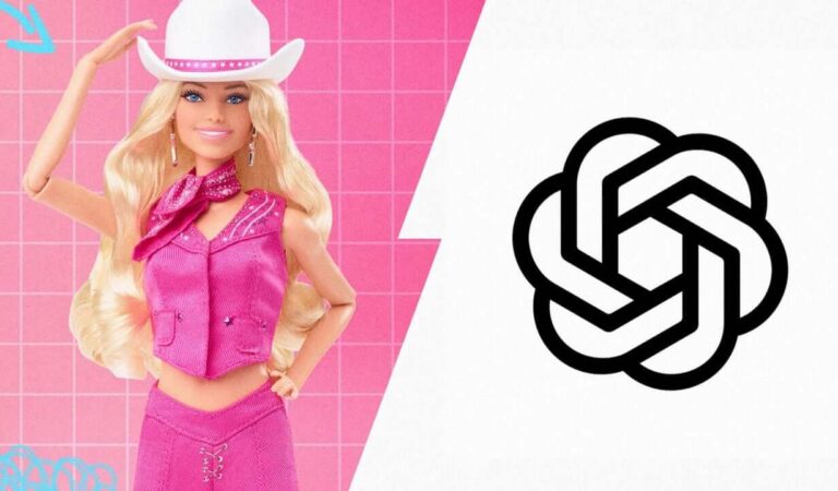 Barbie and OpenAI: Mattel collaboration. Pink Barbie cowgirl image and OpenAI logo. Innovative toys and games. #Mattel #OpenAI #Barbie