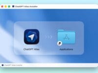 Installation de ChatGPT Atlas. Navigateur IA : icône de l'application vers le dossier Applications.