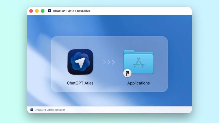 Installation de ChatGPT Atlas. Navigateur IA : icône de l'application vers le dossier Applications.